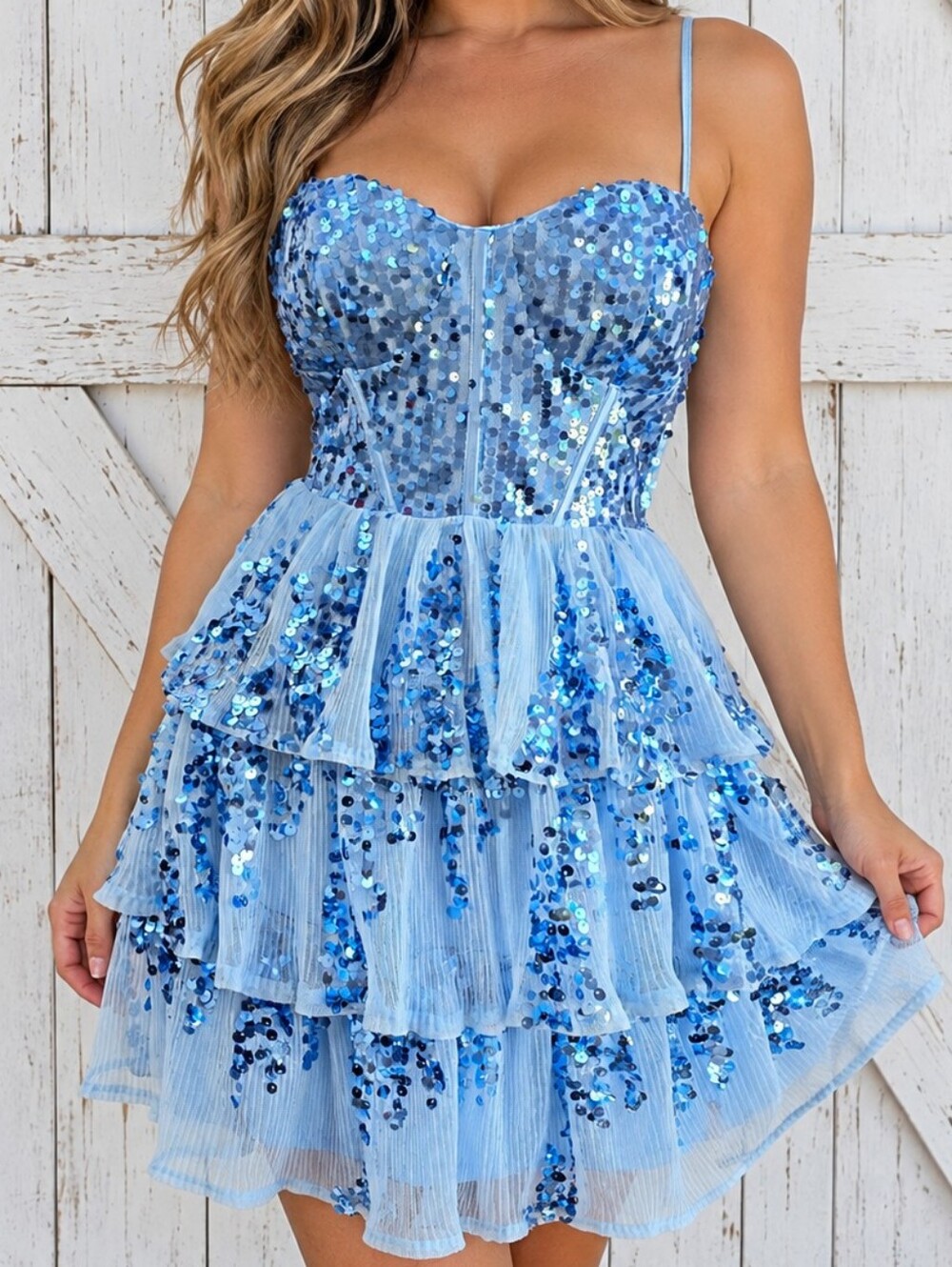 NWT Lulu's Blue Sequin Corset Mini Dress Tiered Tulle Ruffle Size XS Homecoming